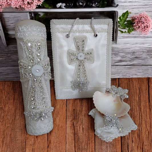 Kit Bautizo Morral Madera Niño Blanco Y-0034